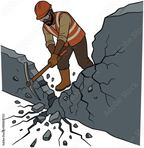 A construction worker wearing a hard hat and vest uses a pickaxe on a rocky cliffside.