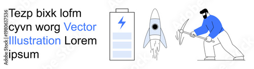 Innovation, energy, space exploration, industry, progress, future. A rocket, battery and person mining. Innovation and energy exploration with modern elements