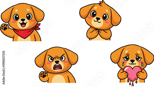 Kawaii puppy emoji set with 4 cartoon dog characters, cute golden retriever puppy stickers, expressive animal mascots for social media and chat