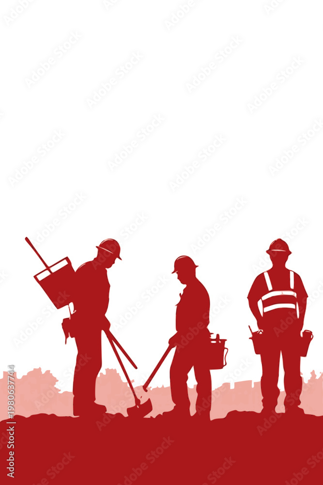 Naklejka premium Diverse Workers Walking Together Silhouette Red Minimal Landscape Labor Day Unity Workforce Concept Illustration