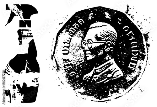 engraved portrait medallion featuring a man in profile, glasses, and formal attire, paired with a fragmented abstract letter R silhouette, both rendered in halftone dot texture.