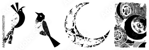 Stylized birds and moon rendered in fragmented halftone, vector graphic design, minimalist black and white art, graphic illustration, abstract symbolism.