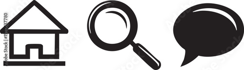 House, magnifying glass, speech bubble icons, black vector symbols, search, communication, home