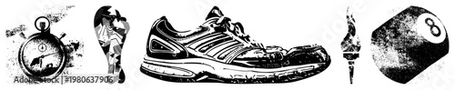Set of stylized vector analog stopwatch, footprint, athletic sneaker, flame torch, textured 8 ball. Black and white halftone style, isolated elements for design use.