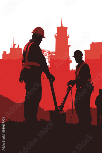 Surveying Engineers with City Skyline Silhouette Red White Workers Day Urban Construction Concept Vector Illustration