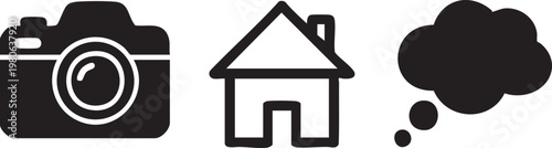 Black icons, camera, house, thought bubble, simple symbols