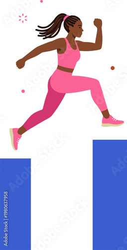 A woman in pink sportswear jumps over blue bars in an energetic motion.