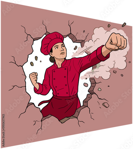 A chef in a red uniform punches through a cracked wall with a burst of smoke.