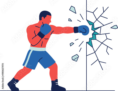 Man punches through glass wall with boxing gloves on fists