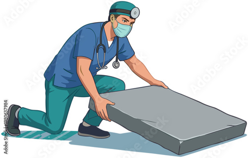 Medical professional lifting a mattress in a hospital setting carefully
