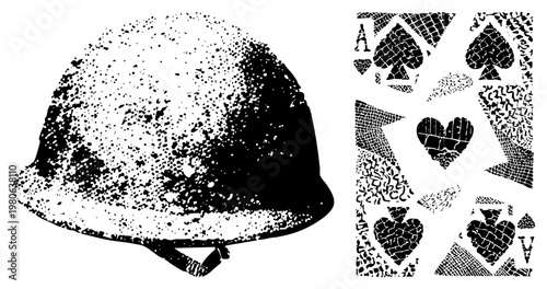Stylized combat helmet and ace playing cards rendered in halftone dot texture, graphic design, retro military aesthetic, vector art, isolated elements.