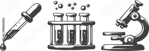 A black and white drawing of a microscope, test tubes in a rack with bubbles rising from them, and a dropper with a single drop falling from the tip.