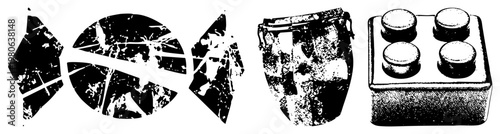 Cracked glass, textured drum with wear, classic brick with studs, vector, isolated objects, stylized design.