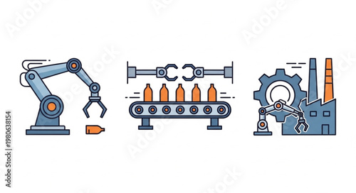 Industrial Automation Icons Set Robotic Arm Conveyor Belt Factory.