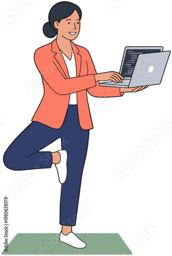 A woman practices yoga while balancing a laptop on one leg indoors.