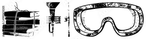 Graphic of safety goggles, stacked books, and fishing rod with weathered texture, ideal for creative design, education, or outdoor themes.