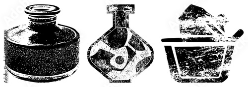 Classic writing tools and apothecary items rendered in gritty halftone, inkwell for pens, ornate decanter for spirits, mortar with pestle for grinding, retro graphic design.