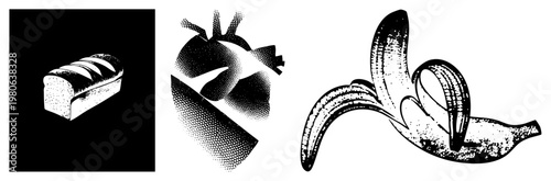Vintage style halftone graphics depicting sliced bread, anatomical heart, and peeled banana, rendered in vector style with stippled shading and clean.