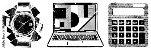 Classic analog watch with Roman numerals, retro laptop displaying geometric, calculator with function keys all rendered in bold halftone vector art.