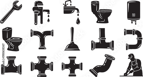 Plumbing tools and toilet icons in black and white