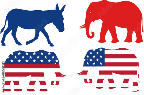 American political party silhouettes, blue donkey and red elephant icons, patriotic USA flag elephant vector set for election campaign design