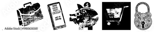 Financial symbols including briefcase, gold bar, piggy bank, shopping cart, and padlock, representing wealth, savings, commerce, and security.