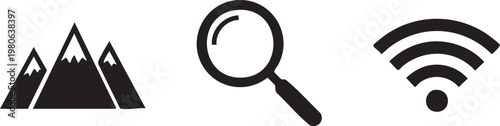 Black mountain, magnifying glass, wifi icons, simple silhouette symbols, web navigation elements