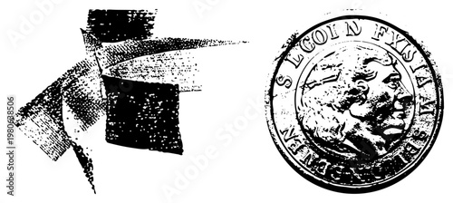 Halftone printed coin with classical profile, abstract textured brushstroke shapes, retro graphic design, vector illustration, art elements.