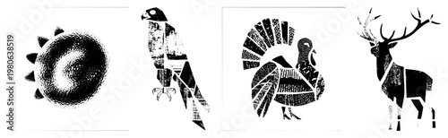Black and white halftone animal and sun graphics, vector illustrations, graphic design elements, stencil art, print ready, isolated, modern typographic wildlife.