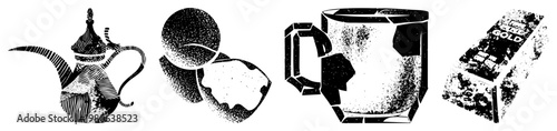 Halftone styled vector of classic drinkware and luxury item, including Arabic teapot, tennis ball, ceramic mug, and gold bar, all rendered in high contrast stippling.