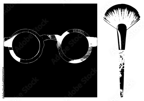 Classic round framed glasses and fan shaped makeup brush, vector art, retro aesthetic, cosmetic tools, stylized silhouette, graphic design asset.