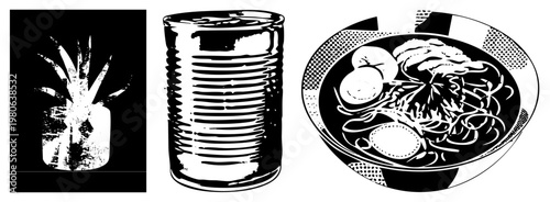 Stylized black and white vector art of a tin can, pasta dish, and potted succulent, halftone plate, graphic design elements.