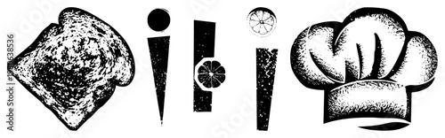 Classic kitchen symbols toasted bread, sliced citrus, chef’s toque, stylized letter "i", halftone texture, culinary, food illustration.