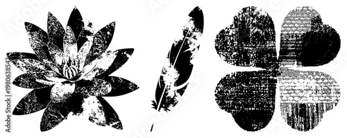 Distressed black and white vector lotus bloom, quill feather, four leaf clover. Textured halftone style. Ideal for branding, tattoos, or graphic design.