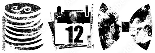 Retro halftone graphic symbols including yin yang, calendar with date 12, and bow tie, rendered in distressed black and white vector style.