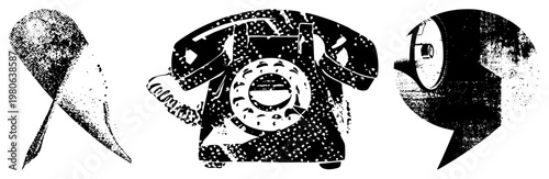 Retro communication tools rotary phone, writing pen, vinyl player, halftone, vintage tech, classic design, isolated vector graphics.
