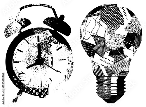Retro alarm clock with distressed texture and cracked lightbulb in fragmented halftone style, vector graphic, black and white, conceptual illustration, idea vs time.
