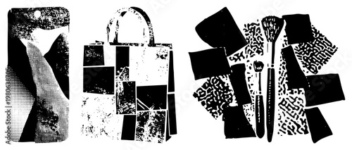 Artistic vector composition of fragmented shapes with halftone textures, abstract design elements, graphic art, modern minimalism,.