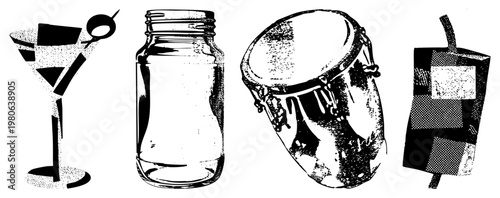 Cocktail glass with olive, mason jar, djembe drum, and checkered box, rendered in halftone dot, graphic illustration, retro aesthetic.