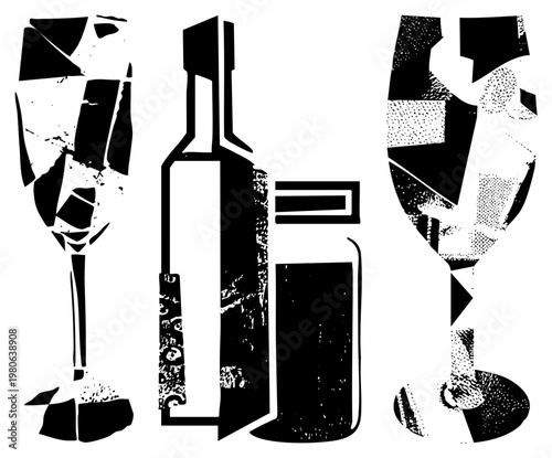 Graphic vector design of fragmented wine bottle, cocktail glass, and champagne flute with halftone, stylized barware, modern art print, isolated drink.