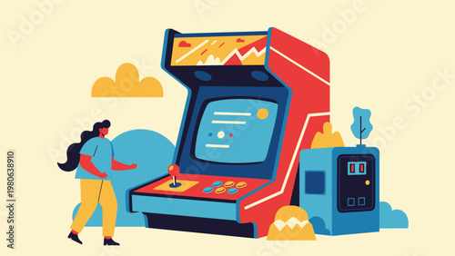 Enthusiastic person engaging with a classic arcade game machine, representing retro gaming, entertainment, and a nostalgic pastime.