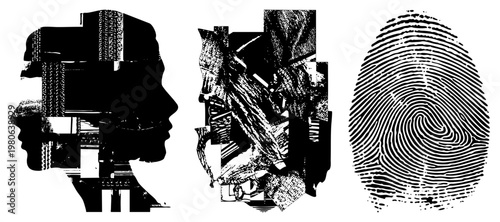 vector silhouettes with fragmented textures fingerprint. Abstract identity, biometric motif, digital collage.