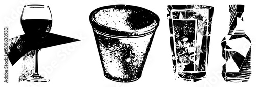 Wine glass with stem, disposable cup, cocktail glass with ice, liquor bottle all depicted in bold halftone, vector cutout, isolated elements for graphic design.