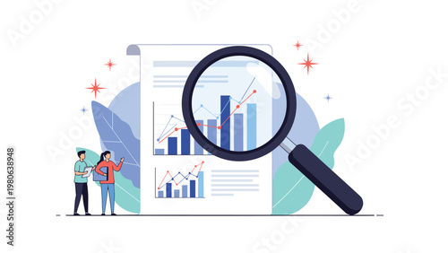 Large magnifying glass examining a document displaying various data charts and graphs, representing data analysis, market research, and detailed investigation.
