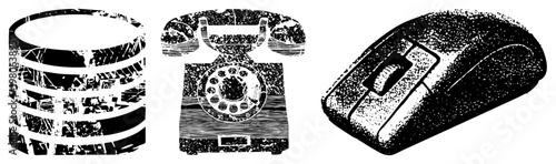 Retro rotary phone, modern computer mouse, and database stack rendered in halftone style, vector graphic, isolated foreground, digital illustration.
