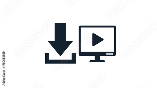 Download arrow icon next to a computer monitor displaying a play button, representing media download, video streaming, and digital content access.