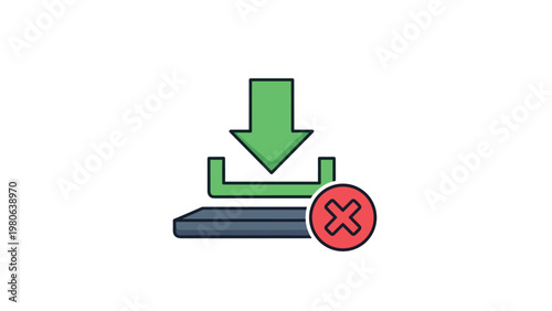 Green download arrow pointing to a storage device, with a red cross mark indicating a failed or canceled download operation.