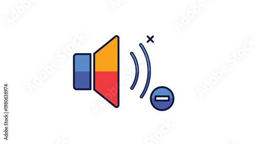 Colorful speaker icon with a red minus sign and a cross mark, symbolizing muted volume or reduced sound in audio controls.