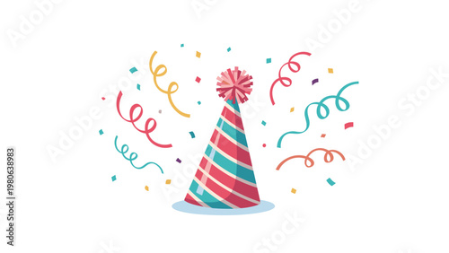 Festive striped party hat adorned with a pom-pom, surrounded by colorful confetti and streamers, symbolizing celebration and joy.