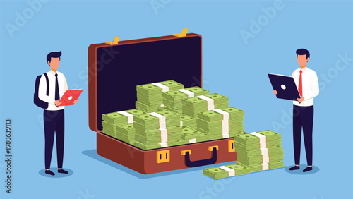 Two businessmen standing next to an open briefcase overflowing with stacks of cash, symbolizing financial success, investment, and wealth generation.